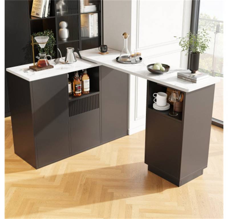 BBWL Esstisch 360° drehbarer Bartisch mit moderner Marmor-Arbeitsplatte (flexiblem L-förmigen Design, offenem Stauraum, robustem MDF-Gestell, vielseitig als Kücheninsel, Bar oder Wohnzimmerschrank,198,5x30x72,5 cm) von BBWL