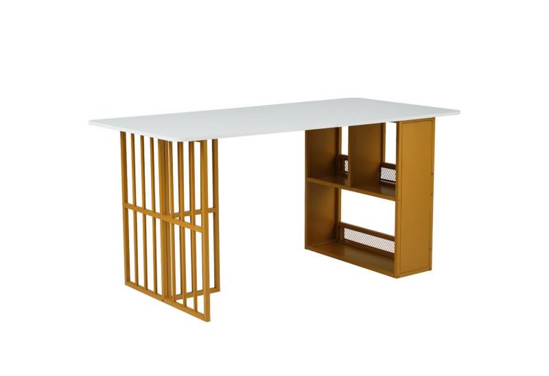 BBWL Esstisch Moderner rechteckiger Esszimmertisch in elegantem Weißgoldton (156 x 78 x 75cm,mit karierter Tischbein-Struktur, praktischem Stauraum, pflegeleichter Spanplatte, passend für 6 Stühle, stabil und zeitgemäß, ideal für Esszimmer und Wohnbereiche) von BBWL