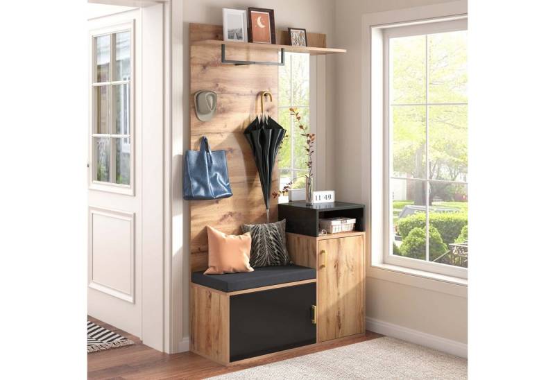 BBWL Garderobe Garderoben-Set in Holz, 105x40x191,5 cm, mit Spiegel, Sitzbank,4 Haken (Ablagefach, Schuhschrank für 9–12 Paar, Wandmontage erforderlich, modern & funktional) von BBWL