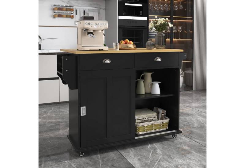 BBWL Kücheninsel Esszimmerwagen mit klappbarer Massivholzoptik-Arbeitsplatte, Stauraum, mit Rollen, 112x40(70)x94 cm von BBWL