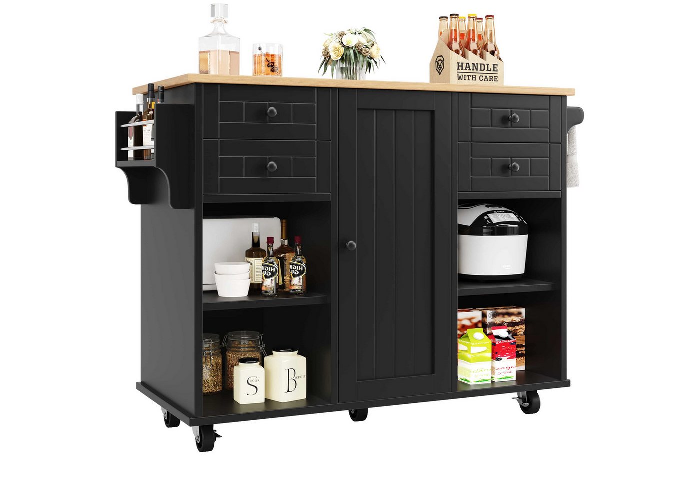 BBWL Kücheninsel Moderne Kücheninsel mit Holzmaserung 127×46×91,5 cm, (multifunktionaler Küchenschrank), mit Stauraum, herausnehmbaren Trennwänden und 360° drehbaren Rollen von BBWL