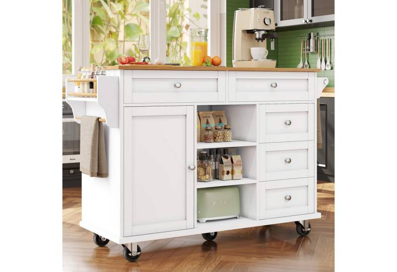 BBWL Kücheninsel Speisewagen MDF mit Schubladen, Türen & Holzarbeitsplatte,134×46×92 cm, (Moderner Küchenwagen mit Stauraum, Rollen & fester Standfunktion), belastbar 60 kg von BBWL
