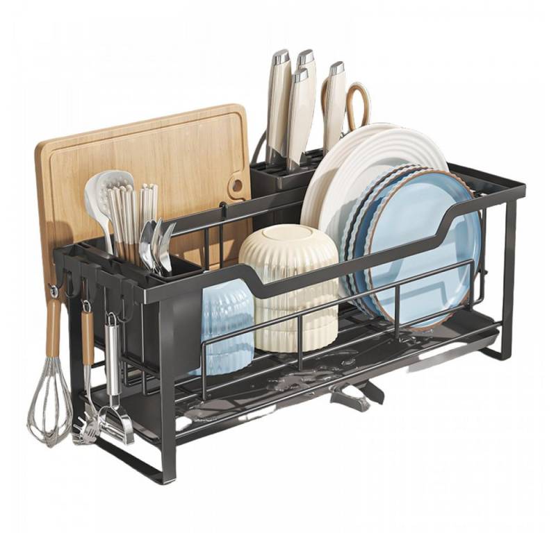 BBWL Küchenregal Küchen-Abtropfgestell schmal für platzsparende Organisation, Geschirraufbewahrung, mit Messerblock, Besteckhalter, Schneidebrettablage und abnehmbarer Abtropfschale von BBWL