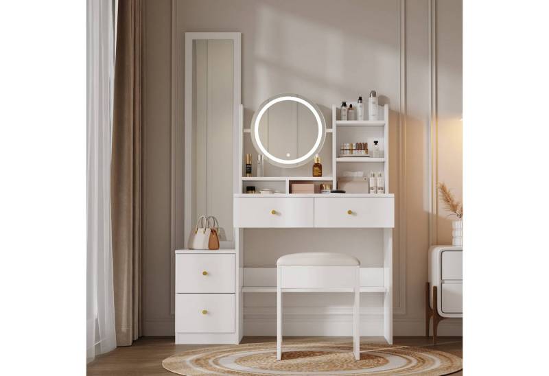 BBWL Schminktisch 4-in-1 Schminktisch mit LED-Spiegel, Ganzkörperspiegel, Hocker, mit Stauraum, drehbarer Kosmetikspiegel & weißes Design aus Spanplatte von BBWL