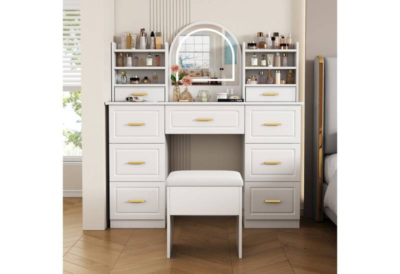 BBWL Schminktisch Schminktisch mit LED-Spiegel und 9 Schubladen,120x40x135 cm,mit Hocker, Kosmetiktisch mit Stauraum, Touch-Steuerung & Kippsicherung von BBWL