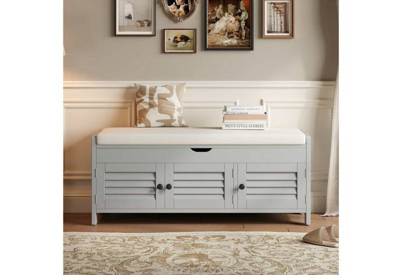 BBWL Schuhbank Schuhbank mit Sitzfläche und Stauraum, 110×40×50 cm (mit gepolstertem Leinenkissen, 3 Jalousietüren und verstecktem Fach mit hydraulischer Stütze, ideal für Flur, Eingangsbereich oder Wohnzimmer, gefertigt aus robustem MDF+PB, bis 120 kg belastbar, mit klaren Linien und viel Stauraum für Schuhe, Decken und Accessoires) von BBWL