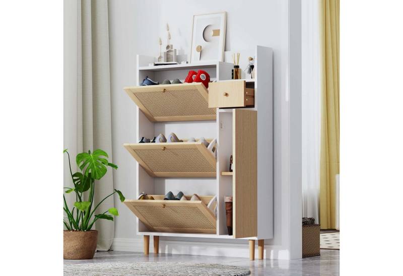 BBWL Schuhschrank Schmaler Rattan-Schuhschrank 90x125x17 cm mit 3 Klappen & 1 Schublade (Platzsparende Kommode aus MDF mit Massivholzgriffen & -beinen, Ideal für kleine Flure & Eingänge, Verstellbare Böden & hoher Stauraum,Natürliches Design für stilvolle Ordnung im Zuhause) von BBWL