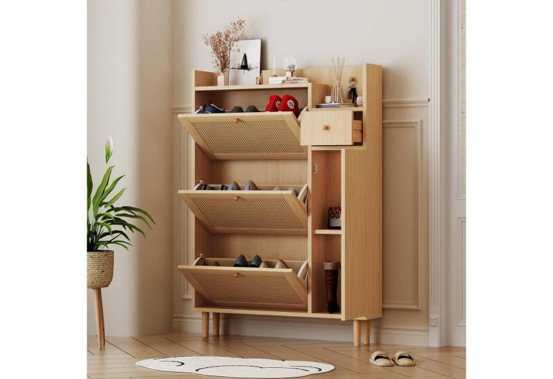 BBWL Schuhschrank Schmaler Rattan-Schuhschrank 90x125x17 cm mit 3 Klappen & 1 Schublade (Platzsparende Kommode aus MDF mit Massivholzgriffen & -beinen, Ideal für kleine Flure & Eingänge, Verstellbare Böden & hoher Stauraum,Natürliches Design für stilvolle Ordnung im Zuhause) BBWL Schuhschrank Schmaler Rattan-Schuhschrank 90x125x17 cm mit 3 Klappen & 1 Schublade (Platzsparende Kommode aus MDF mit Massivholzgriffen & -beinen, Ideal für kleine Flure & Eingänge, Verstellbare Böden & hoher Stauraum,Natürliches Design für stilvolle Ordnung im Zuhause) von BBWL