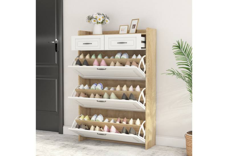 BBWL Schuhschrank Schuhkommode B80×T23,5×H125 cm in Weiß/Natur (mit 3 drehbaren Klappen & 2 Schubladen, Holz-Schuhschrank mit Metallgriffen & Kippsicherung für Flur & Wohnzimmer) von BBWL