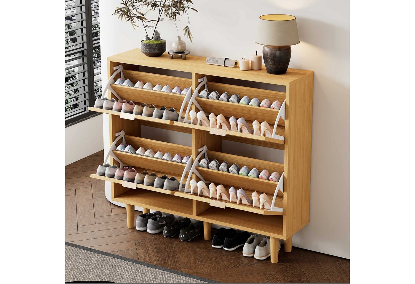 BBWL Schuhschrank Schuhschrank 100x25x90 cm mit 4 Klappschubladen (Schuhkommode im Landhausstil aus Spanplatte mit Eichenholzdekor und Rattan, durchbrochenes Design für gute Belüftung, stabile Holzgriffe und Beine, platzsparend für Flur, Schlafzimmer und Wohnung) BBWL Schuhschrank Schuhschrank 100x25x90 cm mit 4 Klappschubladen (Schuhkommode im Landhausstil aus Spanplatte mit Eichenholzdekor und Rattan, durchbrochenes Design für gute Belüftung, stabile Holzgriffe und Beine, platzsparend für Flur, Schlafzimmer und Wohnung) von BBWL