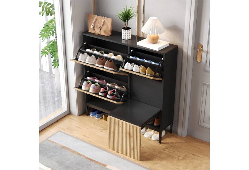 BBWL Schuhschrank Moderner Schuhschrank mit integrierter Sitzbank 100x100x25 cm (mit 3 Klappen und offenem Fach für 12-16 Paar Schuhe praktische Aufbewahrung für Flur oder Schlafzimmer aus MDF) von BBWL