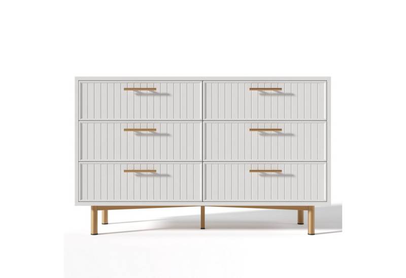 BBWL Sideboard Moderne weiße Schubladenkommode mit 6 gleichgroßen Schubladen (geriffelte Fronten und goldene Griffe, 75×120×40 cm, Metallfuß, robuste Spanplatte, verstellbares Mittelbein, geräumiges Sideboard für Schlafzimmer und Wohnräume, einfache Montage) von BBWL