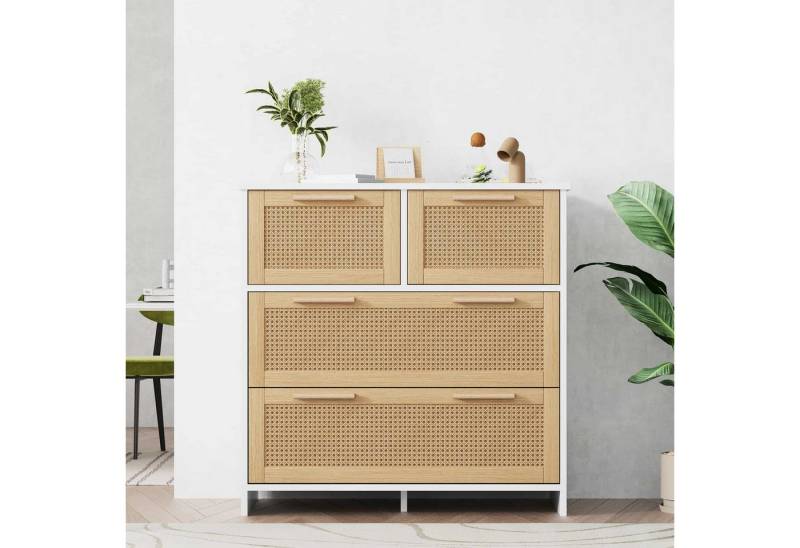 BBWL Sideboard Rattankommode 80x80x38 cm mit 4 Schubladen, Massivholzgriffen (Moderner Schubladenschrank aus MDF & Rattan für Schlafzimmer, Wohnzimmer, Flur, Esszimmer – Kippsicherung & viel Stauraum – Pflegeleicht & vielseitig einsetzbar) von BBWL