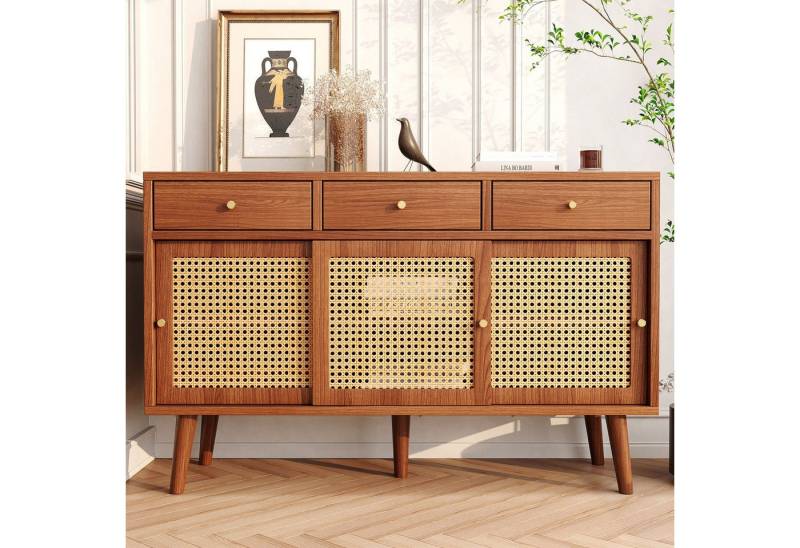 BBWL Sideboard Sideboard Kommode mit 3 Schubladen & 3 Schiebetüren (Rattangeflecht, verstellbare Ablagen, Metallgriffen, Massivholzfüßen, Retro-Stil, Walnuss, 120x40x78 cm) von BBWL