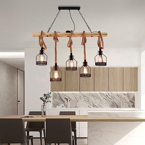 BBWO Vintage Holz Pendelleuchte Esstischlampe E27*5 Kronleuchter Höhenverstellbar Hängelampe Hanfseil DIY Verstellbare Hängeleuchte Eisen Pendelampe Wohnzimmer Küche Bar Deckenleuchte 100CM von BBWO