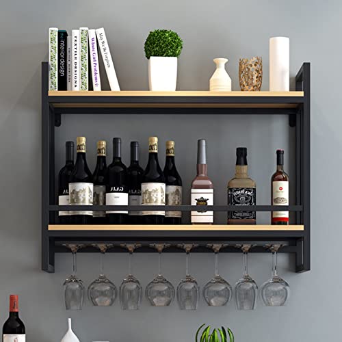 BBXSD Schwarzes Weinregal aus Eisen mit Holzbrett, an der Wand montierter Weinflaschenhalter und hängendem Regal für Stielgläser und Kelche, Weinregale zur Aufbewahrung für Bars und Küchen von BBXSD