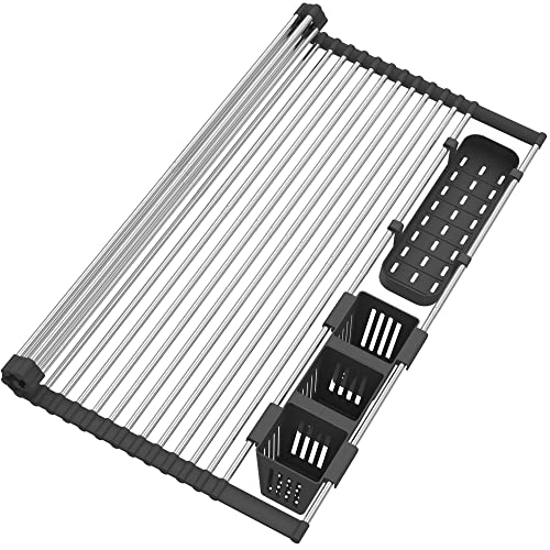 Extra großes, ausziehbares Abtropfgestell für bis zu 57 cm mit 2 Aufbewahrungskörben, zum Aufrollen für die Spüle, für die Küche, zusammenklappbar, rollbar, für Küchengeschirr, Schwarz Extra großes, ausziehbares Abtropfgestell für bis zu 57 cm mit 2 Aufbewahrungskörben, zum Aufrollen für die Spüle, für die Küche, zusammenklappbar, rollbar, für Küchengeschirr, Schwarz von BBXTYLY