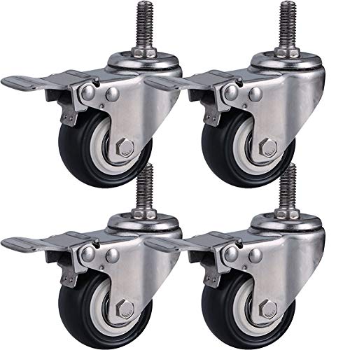 Gewinde M8 / M10 / M12 Lenkrollen für Möbel 1,5"/ 2" (50 mm) Edelstahl 304 Halterung Schwerlastrollen 300kg Leise PU mit Bremse kleine Rollen für Tisch Schreibtisch Wagen Kinderbett 4 Stück von BBdD