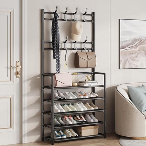 4-in-1 Flur Baum Aufbewahrungsbank Soft Bag Rack Schuhmantel mit Haken Holzoptik Akzentmöbel Metallrahmen W/Aufbewahrung & 8 Hängen, einfach zu montieren von BBioss