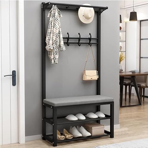 4-in-1-Garderobenständer, Flur, Baum mit 12 Haken und Schuhbank, freistehender Metallrahmen für Eingangsbereich, Wohnzimmer (Farbe: Schwarz, Größe 60/80/100 x 33, 172 cm) (Größe von BBioss
