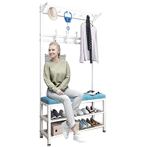 BBioss 3 in 1 Garderobenständer, Schuhbank mit 6 Haken, Organizer zur Aufbewahrung von Sitzkissen, Farbe: Weiß, Größe 60 x 33 x 170 cm (Weiß) von BBioss