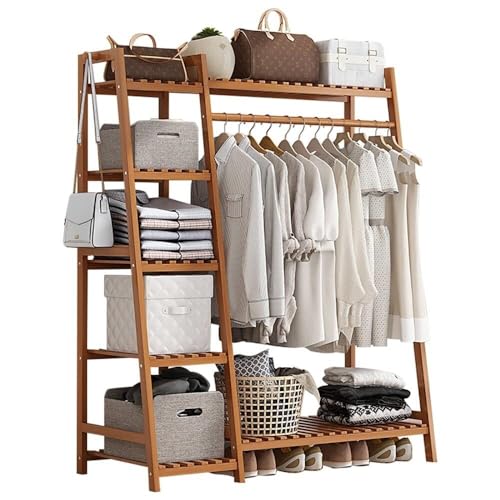 BBioss Bambusgarderobe mit Stehschrank und offenen Regalen für Schlafzimmer, Wohnzimmer, große und einfache Regale für die Organisation Ihres Zuhauses (Braun, 110 x 40 x 140 cm) von BBioss