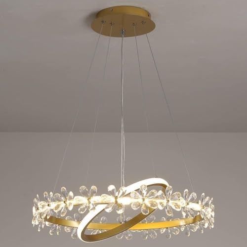 BBioss Decke Pendelleuchte 2 Ringe 50+30CM Nordic Zeitgenössische Blume Kristall Kronleuchter Pendelleuchte Gold Vintage Aluminium Kronleuchter von BBioss
