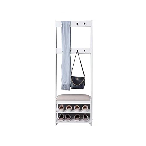 BBioss Exquisiter Kleiderständer, Eingangsmantel mit Schuhbank, freistehend, 3-in-1, 2-stöckiges Regal für Flur, Schlafzimmer und Wohnzimmer, Metallrahmen (Farbe: Weiß, Kissenfarbe G BBioss Exquisiter Kleiderständer, Eingangsmantel mit Schuhbank, freistehend, 3-in-1, 2-stöckiges Regal für Flur, Schlafzimmer und Wohnzimmer, Metallrahmen (Farbe: Weiß, Kissenfarbe G von BBioss
