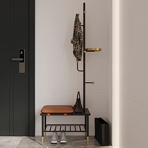 BBioss Exquisiter Kleiderständer, Eingangsmantel mit Schuhbank, freistehend, 3-in-1, 2-stöckiges Regal für Flur, Schlafzimmer und Wohnzimmer, Metallrahmen (Farbe: Weiß, Kissenfarbe G von BBioss