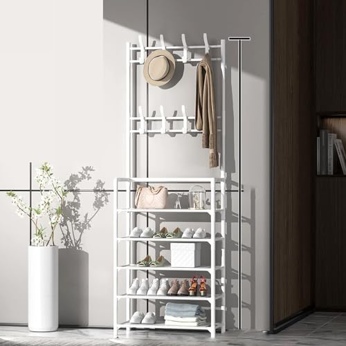 BBioss Freistehender Kleiderständer mit 4 oder 5 Ebenen, Schuhbank, Industrie-Regal für den Flur, multifunktionales 3-in-1-Regal mit 8 Haken für Wohnzimmer, Schlafzimmer und von BBioss