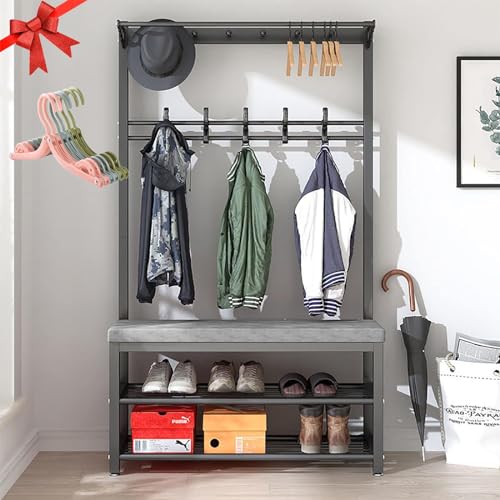BBioss Garderobenständer, Schuhbank, 4-in-1-Ständer, freistehender Kleiderbügel, Flurbaum, Eingangsbereich, mit Gestell, Samtkissen, einfach zu montieren BBioss Garderobenständer, Schuhbank, 4-in-1-Ständer, freistehender Kleiderbügel, Flurbaum, Eingangsbereich, mit Gestell, Samtkissen, einfach zu montieren von BBioss
