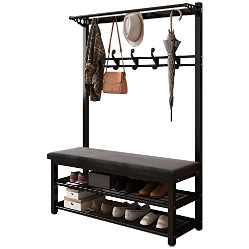 BBioss Garderobenständer aus Metall mit Kleiderstange, multifunktionaler Kleiderständer für Kleidung, Hüte, Regenschirme und Taschen, mit 2 Ablagen und Bank, für Eingang, Wohnzimmer, Schlafzimmer von BBioss