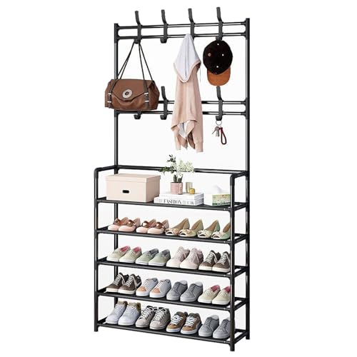 BBioss Industrielle 3-in-1-Bank mit 4/5 Ebenen, für Eingangsbereich, Schuhschrank, Organizer, freistehende Garderobe mit 8 Haken für Schlafzimmer und Wohnzimmer BBioss Industrielle 3-in-1-Bank mit 4/5 Ebenen, für Eingangsbereich, Schuhschrank, Organizer, freistehende Garderobe mit 8 Haken für Schlafzimmer und Wohnzimmer von BBioss