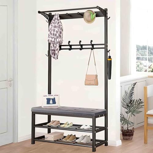 BBioss Industrielle Halle Baum Eingangsregal Haushalt Einfache Garderobe mit Regalen 3-in-1-Design Akzent Möbel Kleidung Schuhbank und Haken von BBioss