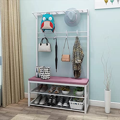 BBioss Metallgarderobe, Schuhbank, Eingangsbereich, stehender Baum mit 10 Haken und 2-stöckigem Gestell, 4-in-1-Flurrahmen für Flur, Schlafzimmer, einfach zu montieren, 100 x 33 x 170 cm von BBioss