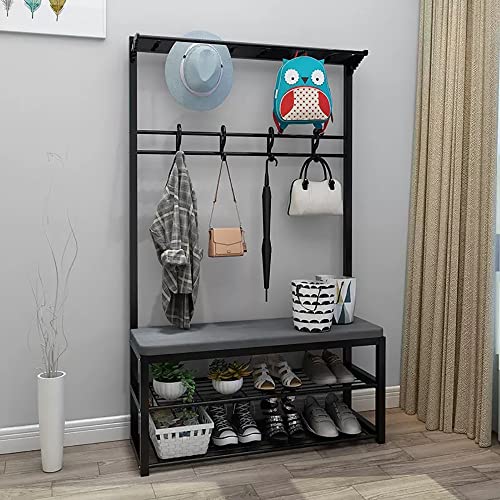 BBioss Metallgarderobe, Schuhbank, Eingangsbereich, stehender Baum mit 10 Haken und 2-stöckigem Gestell, 4-in-1-Flurrahmen für Flur, Schlafzimmer, einfach zu montieren, 100 x 33 x 170 cm von BBioss