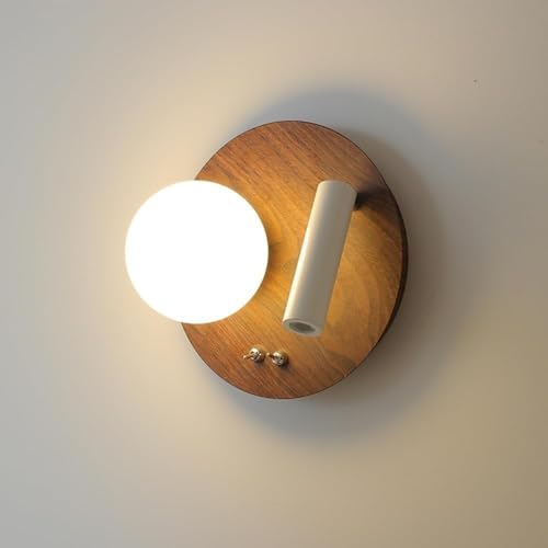 BBioss Moderne Wandleuchte mit 2 Lichtern aus Milchglas aus der Mitte des Jahrhunderts mit Ein-/Aus-Schalter, verstellbarer Strahler, Nachttischlampe aus Bauernhofholzmaserung für von BBioss