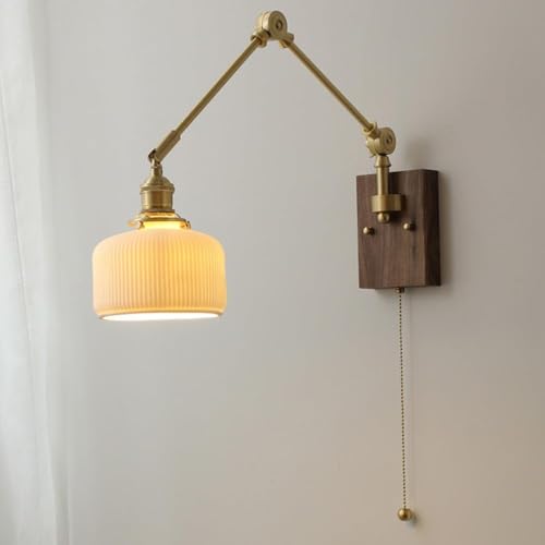 BBioss Moderne Wandleuchte mit schwenkbarem Arm, Leselampen für Schlafzimmer, Milchglas, Mitte des Jahrhunderts, mit Zugkette, industrielle Bauernhoflampe in B von BBioss