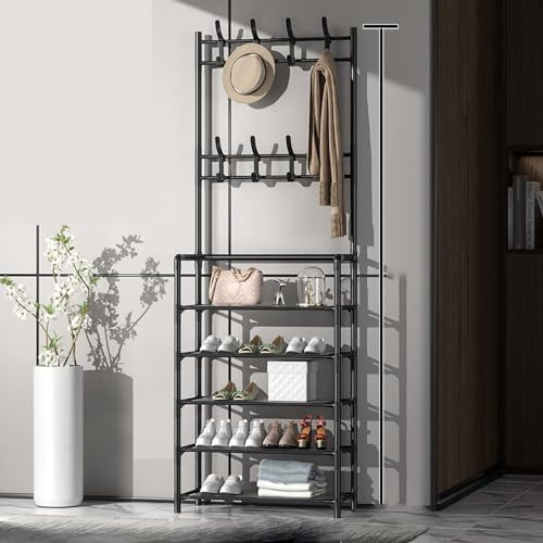 BBioss Moderner Eingangsständer, Schuhbank, 3-in-1, multifunktionaler integrierter Kleiderständer für Schuhe und Hüte, mit 8 Haken, Aufbewahrungsregale für Dormit von BBioss