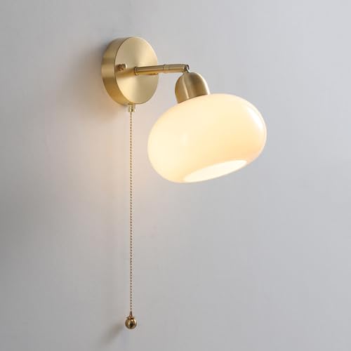 BBioss Nachttischlampe mit Zugschalter, Wandleuchte mit Lampenschirm aus Glas mit 1 Licht, moderne verstellbare Beleuchtung aus Messing, Schlafzimmerlampen von BBioss
