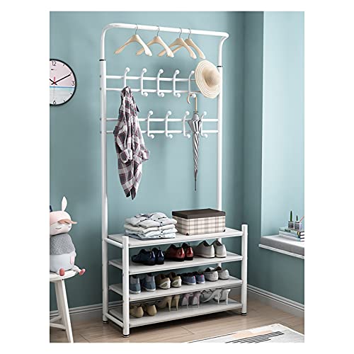 BBioss Platzsparende Garderobenleiste für den Eingangsbereich, Schuhbank, 3-in-1-Design, Halle, Baum-Aufbewahrungsregal mit 12 Haken, Kleider-Metallrahmen, einfache Montage, Weiß (Größe: 80 cm) von BBioss
