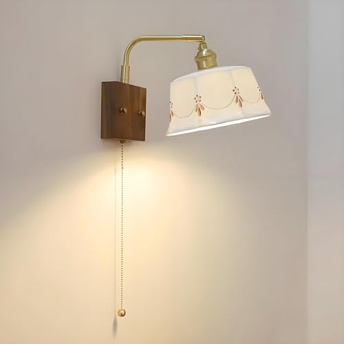 BBioss Retro Wandleuchte aus Messing Schwenkarm und Zugschalter, verstellbares Keramik-Leselicht, Nachttischlampen für Schlafzimmer, Kopfteil d von BBioss