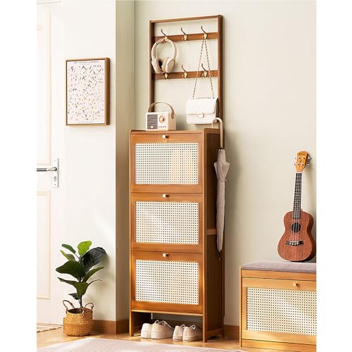 BBioss Schlanker Schuhschrank mit Haken und aufklappbaren Schubladen, freistehender Bambus-Organizer für den Eingang, 50 x 17 x 186 cm BBioss Schlanker Schuhschrank mit Haken und aufklappbaren Schubladen, freistehender Bambus-Organizer für den Eingang, 50 x 17 x 186 cm von BBioss