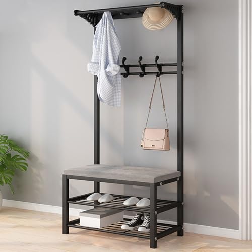 Eingangsbank und Garderobe, Schuhaufbewahrung, 4-in-1-Ständer, freistehender Kleiderbügel, rustikal, modern, industrieller Baum mit Gestell, Samtkissen, einfach zu montieren von BBioss