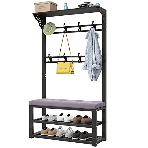 Exquisite Kleiderstange, Schuhbank, Garderobenständer, Aufhänger 3-in-1-Eingang mit Regal, Aufbewahrungsregal, robust und einfach zu montieren (Farbe: Weiß + Violett) von BBioss