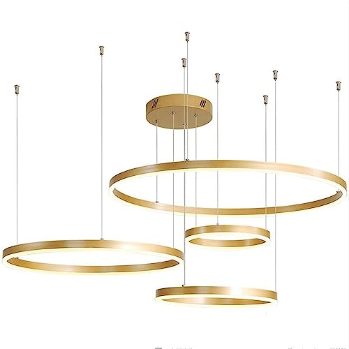 Gebürstetes Gold Moderne LED Kronleuchter 3 Ringe Decke Pendelleuchte Für Wohnzimmer Einstellbare Große Runde Pendelleuchte Esszimmer Schlafzimmer Küche Flur Büro (4 Ringe 40+60+80+1) von BBioss