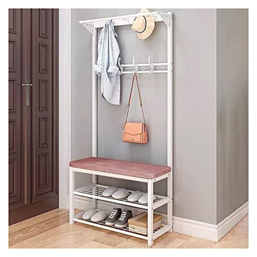 Kleiderstange, Garderobenständer, Schuhbank, Eingangsbereich, Akzentmöbel mit Metallrahmen, 4-in-1-Design, 4 Doppelhaken, einfache Montage, stabil und montierbar, Weiß + Grau 100 Kleiderstange, Garderobenständer, Schuhbank, Eingangsbereich, Akzentmöbel mit Metallrahmen, 4-in-1-Design, 4 Doppelhaken, einfache Montage, stabil und montierbar, Weiß + Grau 100 von BBioss