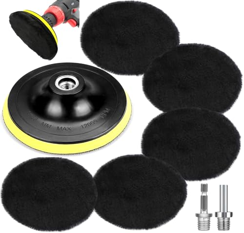 Polierpads 150mm Klett,Lammwollhaube Polieraufsatz,5tlg Polieren polierscheibe Polierset Set mit Klett pad,M14 Drill,Sechskantschaft von BBjinronjy
