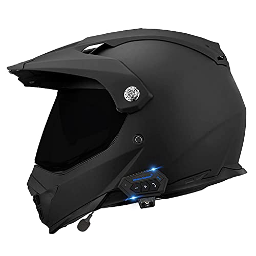 Moto Cross Helm Bluetooth Integral Boy Full Face Motocross Helm Downhill Motard Helm Mit DOT Approved Visier Moto Cross Integralhelme Für Damen Herren, Matt Schwarz Black Lens,XL von BCBKD