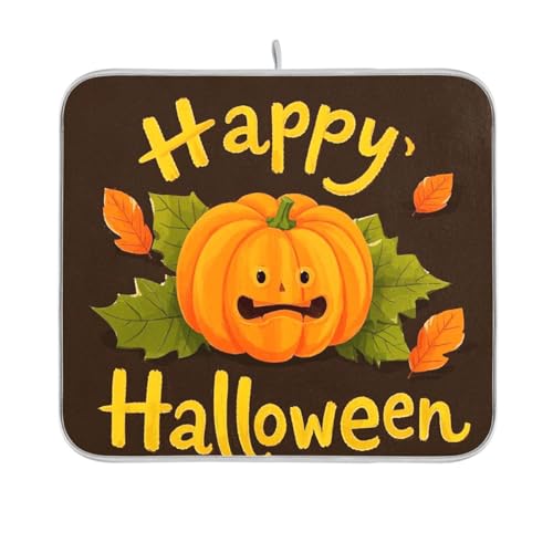 Happy Halloween Cartoon niedlicher gelber Kürbis Geschirrabtropfmatte, wiederverwendbar, rechteckig, klein, 40,6 x 45,7 cm, leicht zu reinigen, dekorative Heimdekoration von BCFHRGT